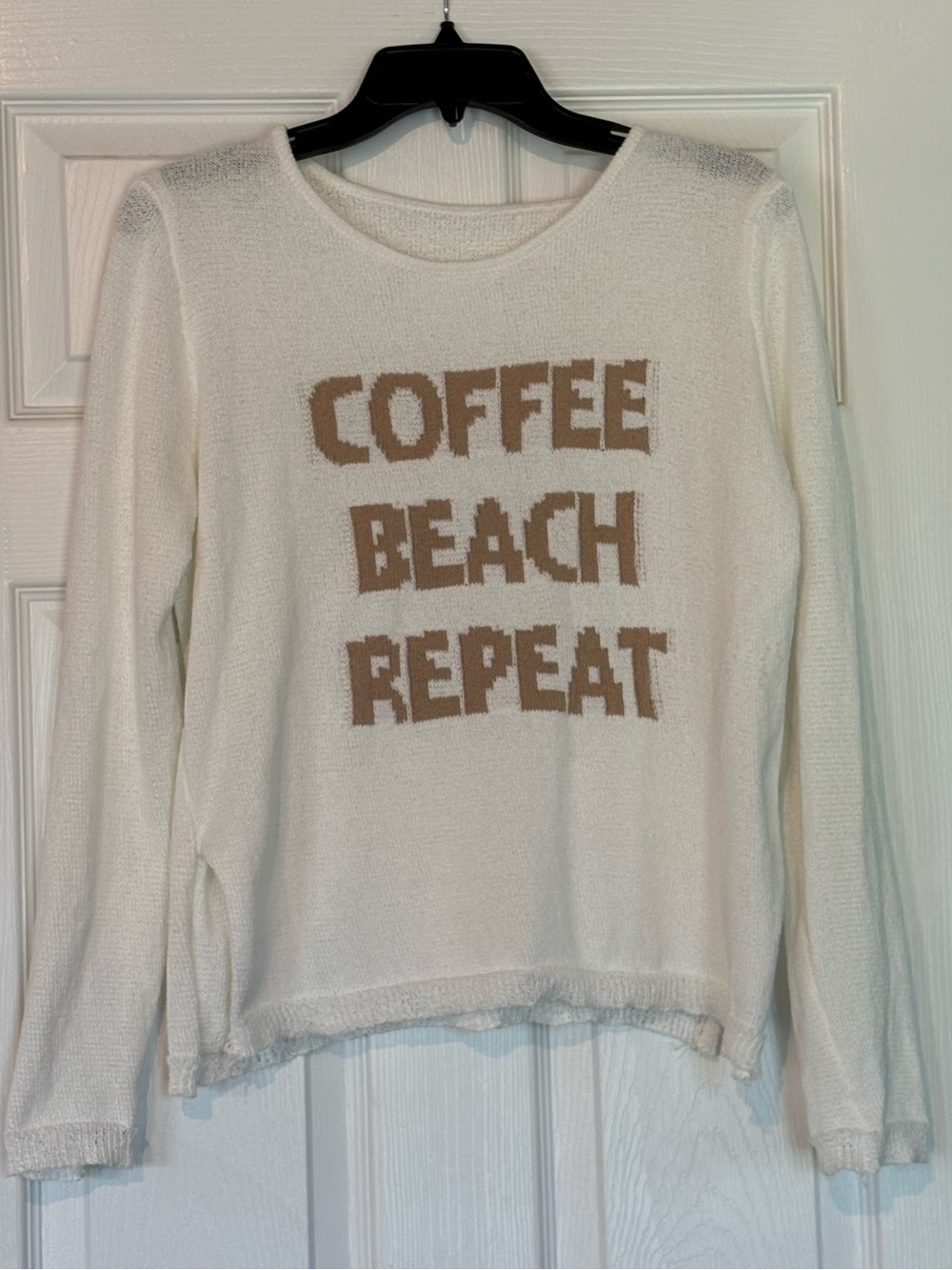 Cream Crewneck Sweater with Tan 'COFFEE BEACH REPEAT' Text
